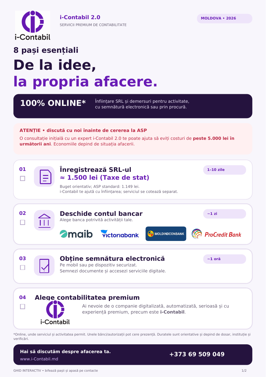 Broșura i-Contabil 2.0: înregistrarea SRL-ului, cont bancar, semnătură electronică și contabilitate premium